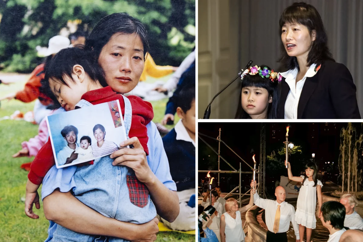 (Left and Top Right) Dai Zhizhen holds her daughter, Chen Fadu. Chen Changyong, a Falun Gong practitioner, was persecuted by the Chinese Communist Party. (Bottom Right) Chen Fadu (R) participates in an event in which Olympic medalist Martins Rubenis express his disdain over the Chinese regime hosting the 2008 Games, during an interview with Latvian media. (Samira Bouaou/The Epoch Times, Minghui, Courtesy of Jan Becker)