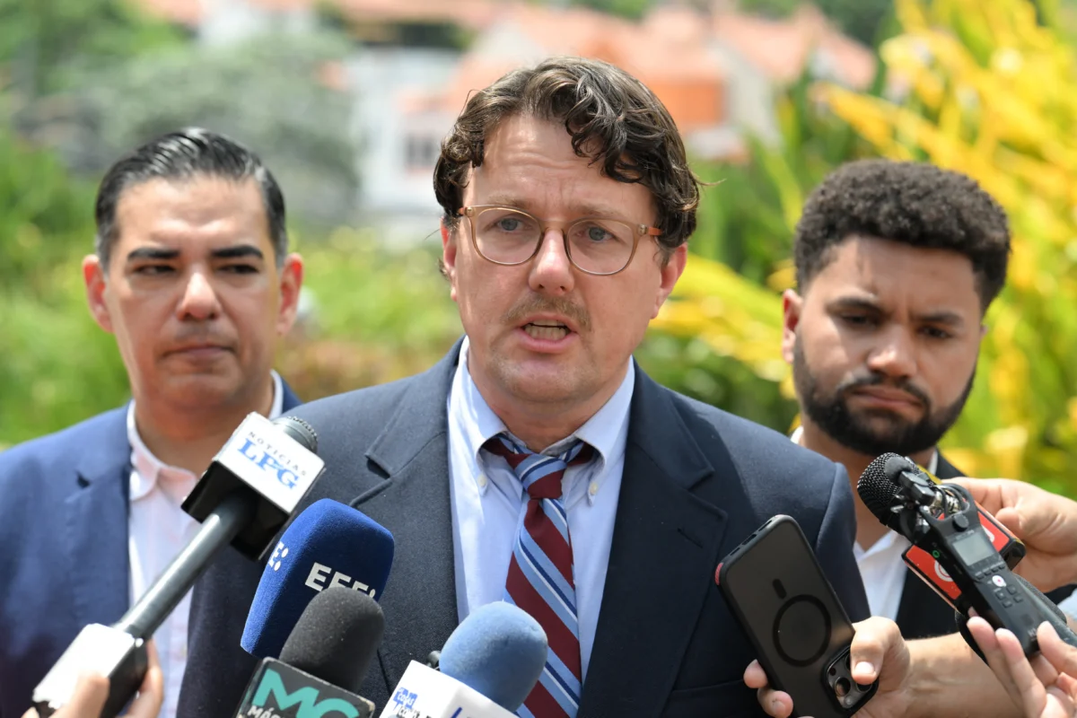 Chris Newman, lawyer of the Abrego Garcia family, speaks during a press conference on the liberation of Salvadoran Kilmar Abrego Garcia in San Salvador, El Salvador, on April 21, 2025. (Marvin Recinos/AFP via Getty Images)
