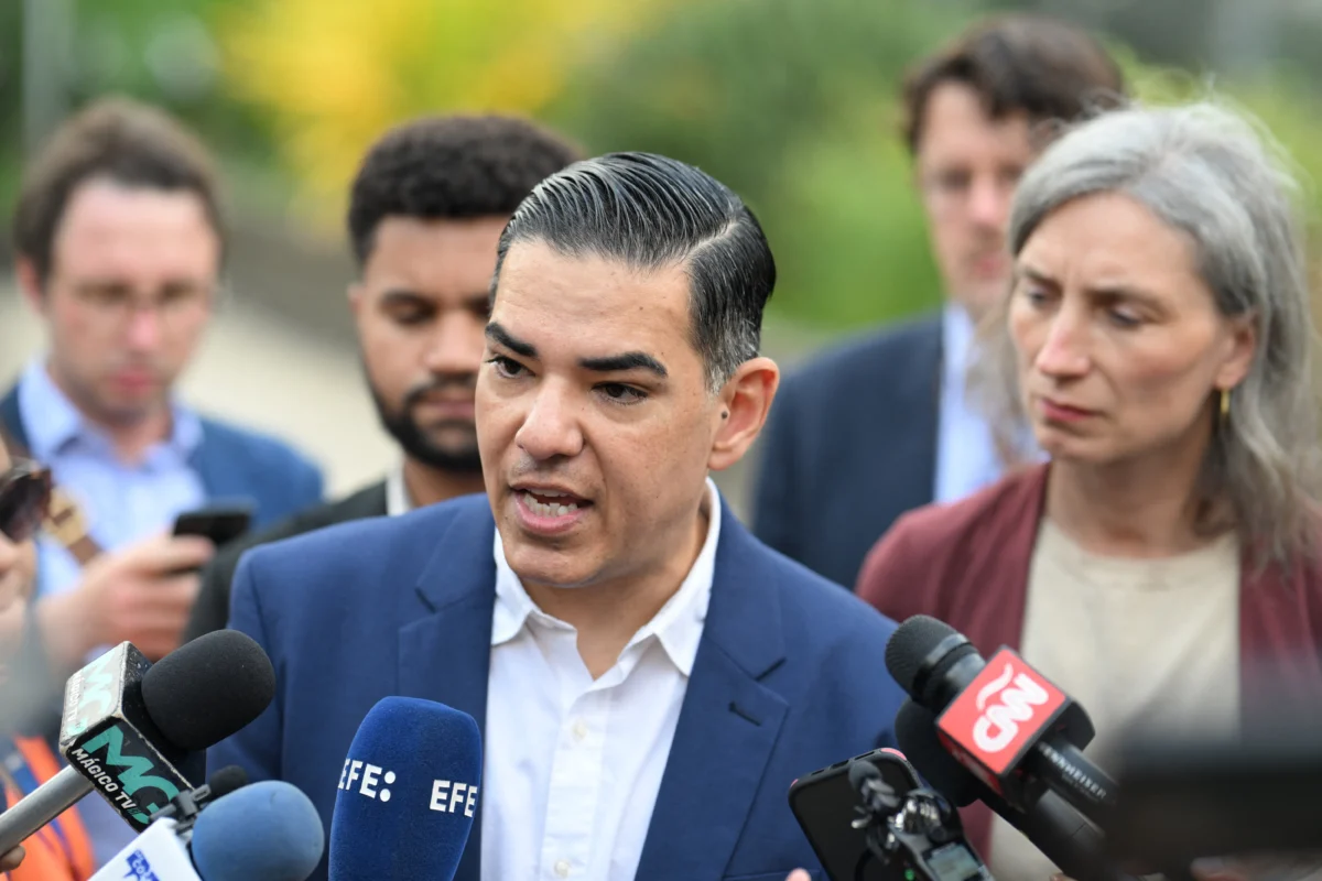 Rep. Robert Garcia (D-Calif.) speaks during a press conference on the liberation of Salvadoran Kilmar Abrego Garcia in San Salvador, El Salvador, on April 21, 2025. (Marvin Recinos/AFP via Getty Images)