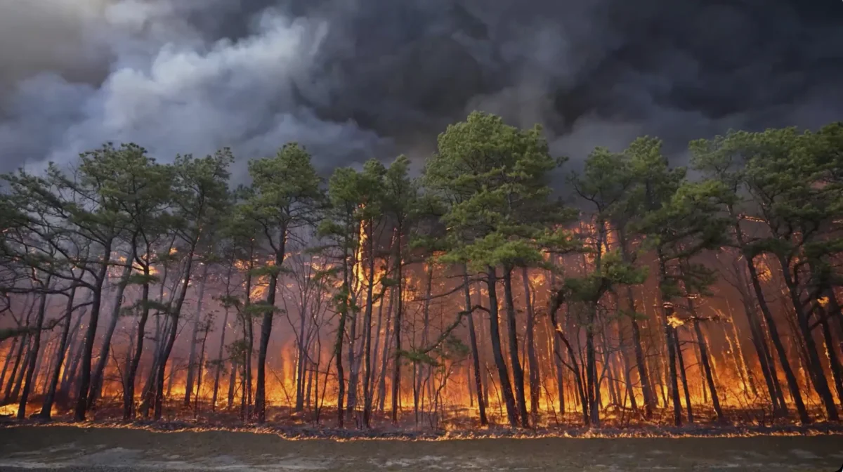 Smoke fills the sky from a wildfire in Lacey Townships, N.J., on April 22, 2025. (New Jersey Department of Environmental Protection via AP)
