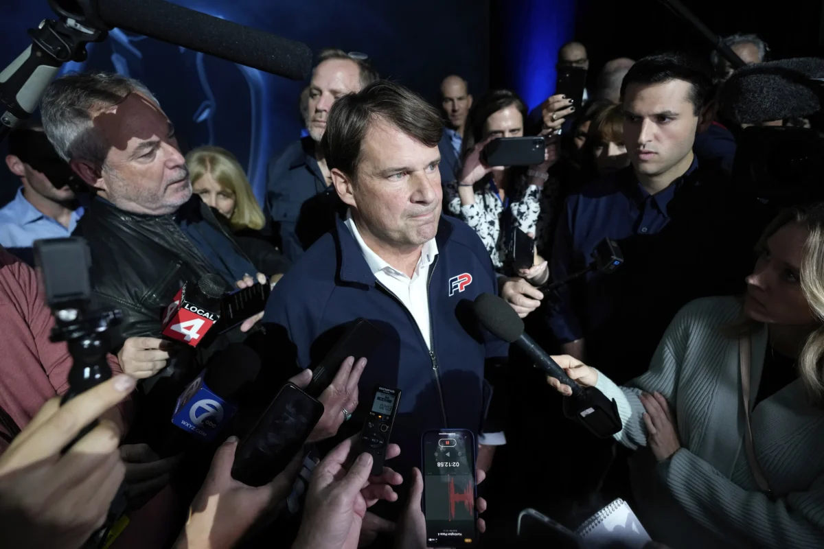 Jim Farley, president and CEO of Ford Motor Company, speaks to reporters about the UAW contract talks at the North American International Auto Show in Detroit on Sept. 13, 2023. (Paul Sancya/AP Photo)