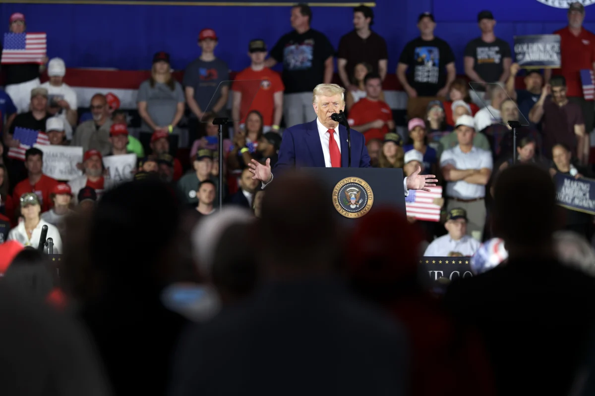 President Donald Trump speaks during a rally at Macomb Community College at Warren, Mich., on April 29, 2025. (Scott Olson/Getty Images)
