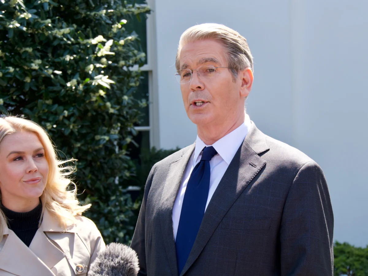 U.S. Treasury Secretary Scott Bessent speaks to reporters outside the White House on April 9, 2025. (Travis Gillmore/The Epoch Times)