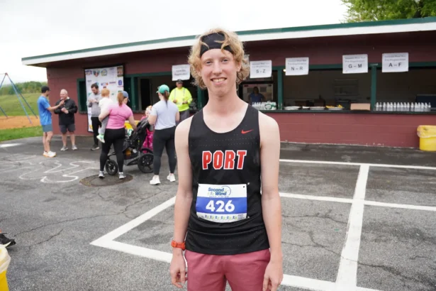 Port Jervis High School student Bryce Shannon came in second at the Port Jervis Delaware River 5K Run and Walk on May 4, 2025. (Oliver Mantyk/The Epoch Times)
