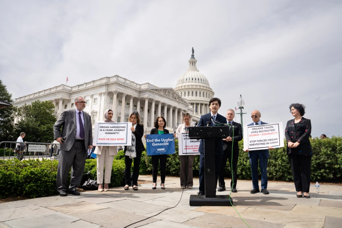 Mark Yang, Falun Dafa Information Center advocacy officer and a policy analyst on China at Horizon Engage, speaks about the Stop Forced Organ Harvesting Act passed by the House, on Capitol Hill in Washington on May 7, 2025. (Madalina Vasiliu/The Epoch Times)