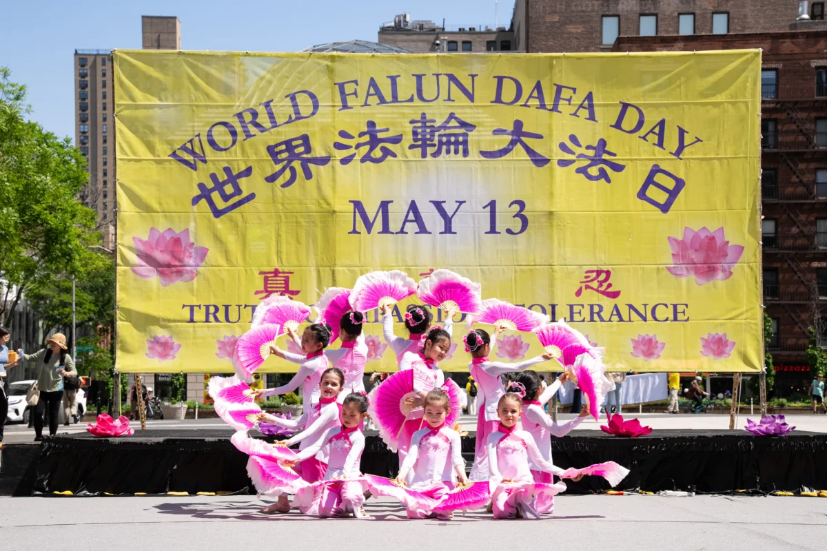 A performance commemorating World Falun Dafa Day at Union Square in New York City on May 11, 2025. (Larry Dye/The Epoch Times)