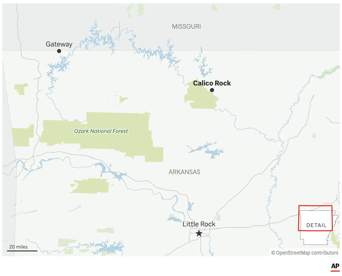 The map above locates the area where ex-police chief Grant Hardin escaped from prison in Arkansas. (AP Graphic)