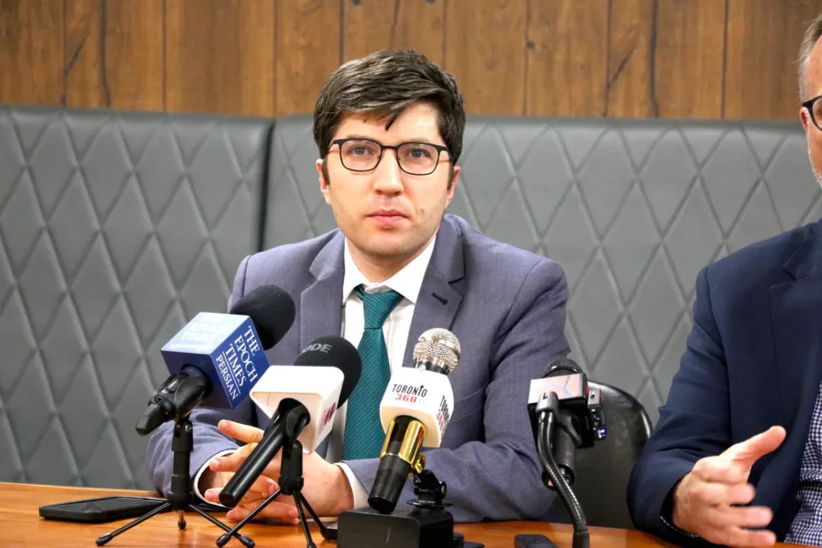 Conservative MP Garnett Genuis speaks to reporters at a press conference in Mississauga, Ont., on Feb. 22, 2024. (Andrew Chen/The Epoch Times)