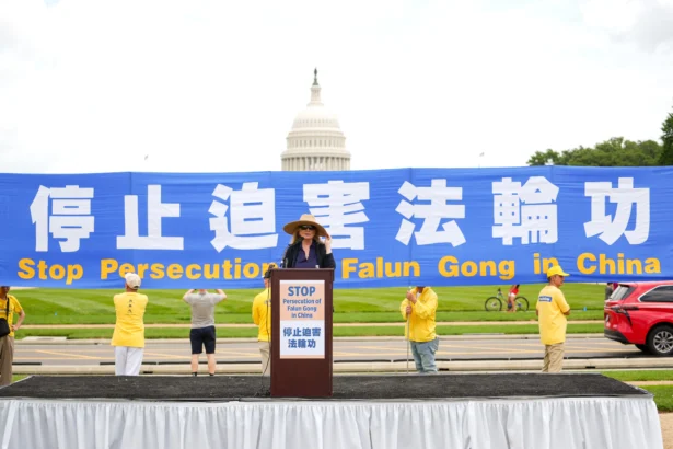 Nina Shea, Director of the Center for Religious Freedom, Hudson Institute speaks during a Falun Dafa rally calling for the end of the Chinese Communist Party’s 26 years of persecution of Falun Gong in China, on the National Mall in Washington on July 17, 2025. (Madalina Kilroy/The Epoch Times)