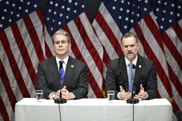 Treasury Secretary Scott Bessent (L) and Trade Representative Jamieson Greer address a press conference in Rosenbad after the trade talks between the United States and China concluded, in Stockholm, Sweden, on July 29, 2025. Magnus Lejhall/TT News Agency/AFP via Getty Images