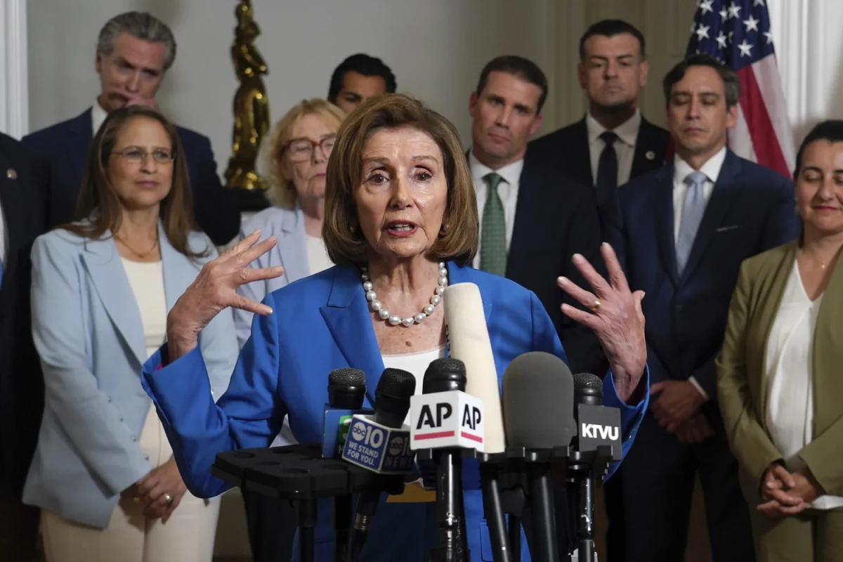 Rep. Nancy Pelosi (D-Calif.) speaks in support of the Texas Democratic lawmakers for their walk out to block a vote on a congressional redistricting plan sought by President Donald Trump, during a news conference in Sacramento, Calif., on Aug. 8, 2025. (Rich Pedroncelli/AP Photo)