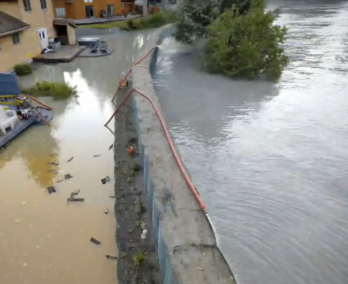 Flooding from a release of water and snowmelt at Mendenhall Glacier covered some roads and threatened homes along the Mendenhall River in Juneau, Alaska, on Aug. 13, 2025. (City and Borough of Juneau via AP)