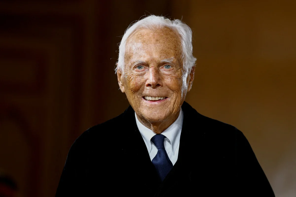 Designer Giorgio Armani appears at the end of his Haute Couture Spring/Summer 2025 collection show for Giorgio Armani Prive in Paris, France, on Jan. 28, 2025. (Sarah Meyssonnier/Reuters)