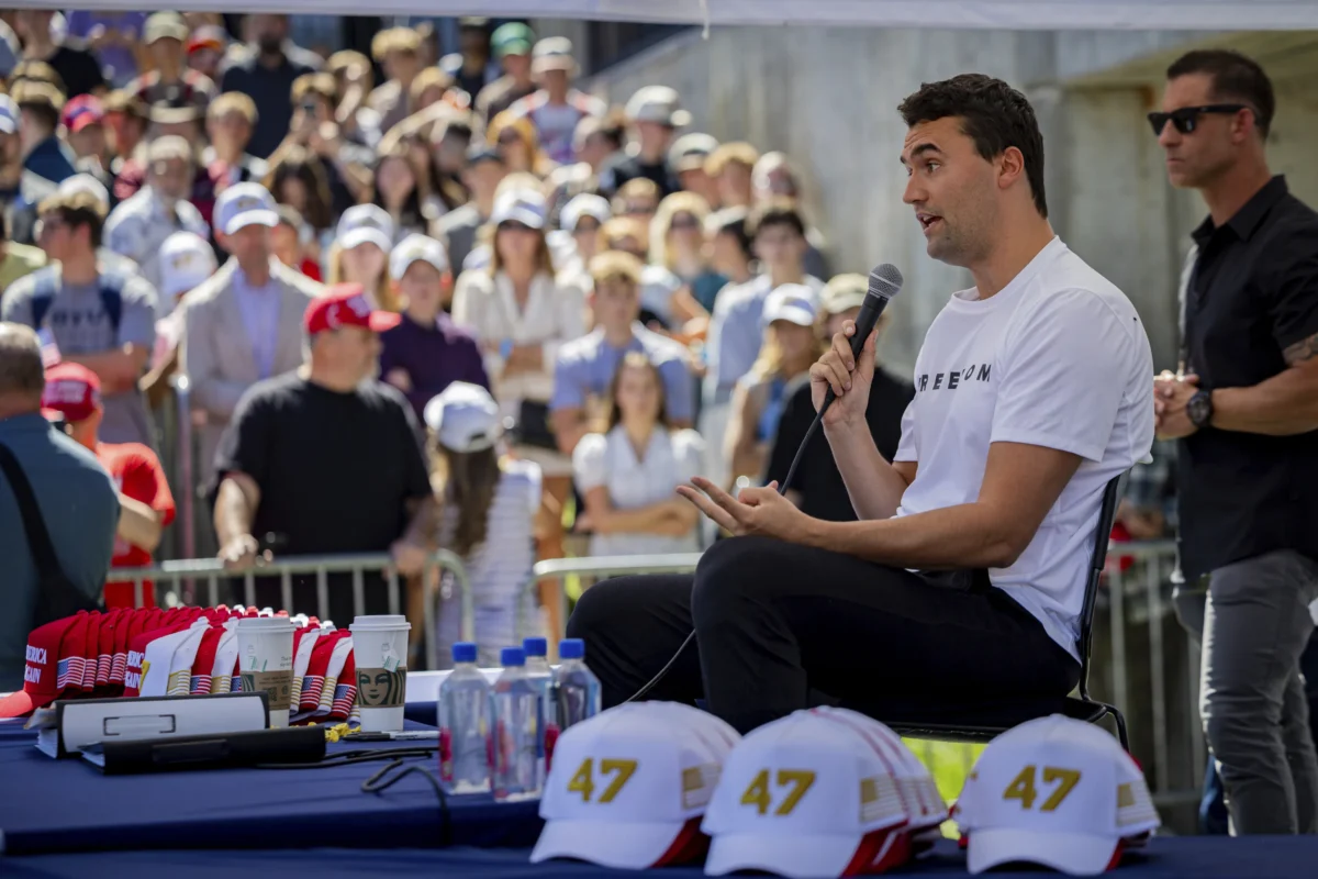 Charlie Kirk speaks before he is shot during Turning Point's visit to Utah Valley University in Orem, Utah, on Sept. 10, 2025. (Tess Crowley/The Deseret News via AP)