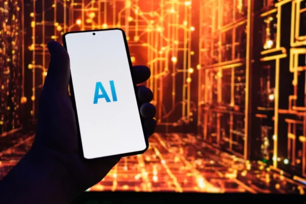 Photo illustration of a phone screen with an AI logo. (Oleksii Pydsosonnii/The Epoch Times)