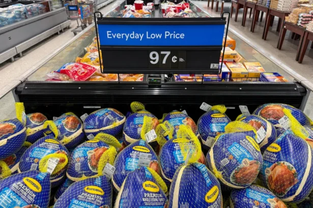 Butterball frozen turkey, part of Walmart’s basket of Thanksgiving goods, is displayed for sale at a store in Valley Stream, New York state, on Nov. 6, 2025. (Kylie Cooper/Reuters)