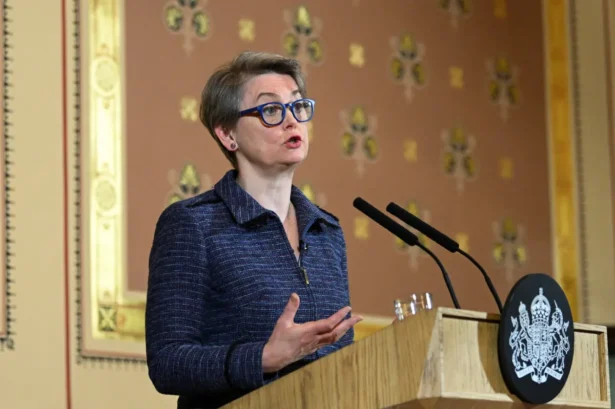 British Foreign Secretary Yvette Cooper speaks at an event marking the 100th anniversary of the Locarno Treaties at the Foreign, Commonwealth, and Development Office in London on Dec. 9, 2025. (Jaimi Joy – WPA Pool/Getty Images)