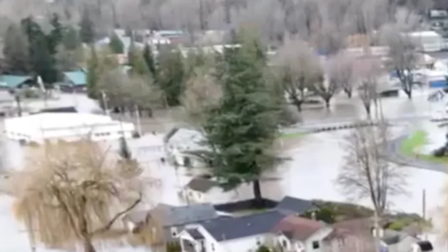 Aerials Footage Shows Floodwaters in Sumas, Washington State