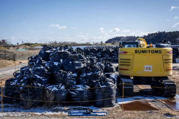 Bags of radiation-contaminated soil are gathered at a temporary storage field in Okuma town of Fukushima prefecture on Feb. 19, 2025. (Yuichi Yamazaki/AFP via Getty Images)