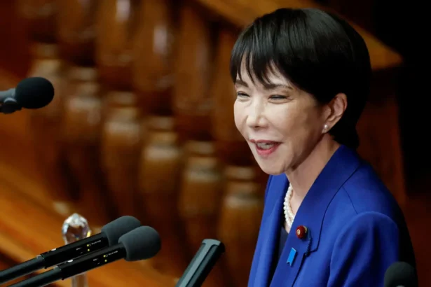 Japanese Prime Minister Sanae Takaichi delivers her first policy speech in the parliament, in Tokyo, Japan, on Oct. 24, 2025. (Kim Kyung-Hoon/Reuters)