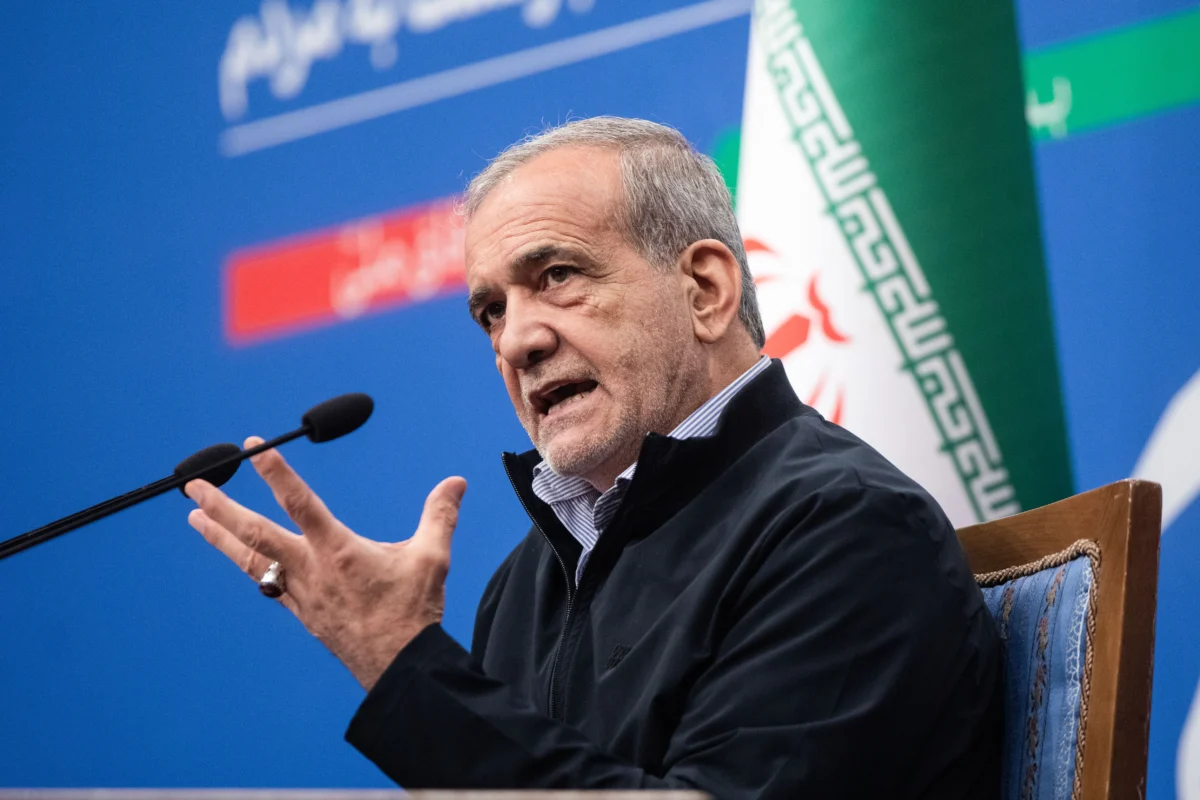 Iranian President Masoud Pezeshkian speaks at a press conference in Tehran, Iran, on Sept. 16, 2024. (Majid Saeedi/Getty Images)
