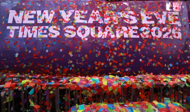 Rain-soaked confetti in Times Square during New Year's Eve rehearsals in New York City on Dec. 29, 2025. (Timothy Clary/AFP via Getty Images)
