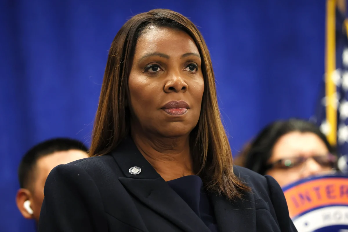 New York Attorney General Letitia James stands silently during a press conference in New York City, on Oct. 21, 2025. (Michael M. Santiago/Getty Images)