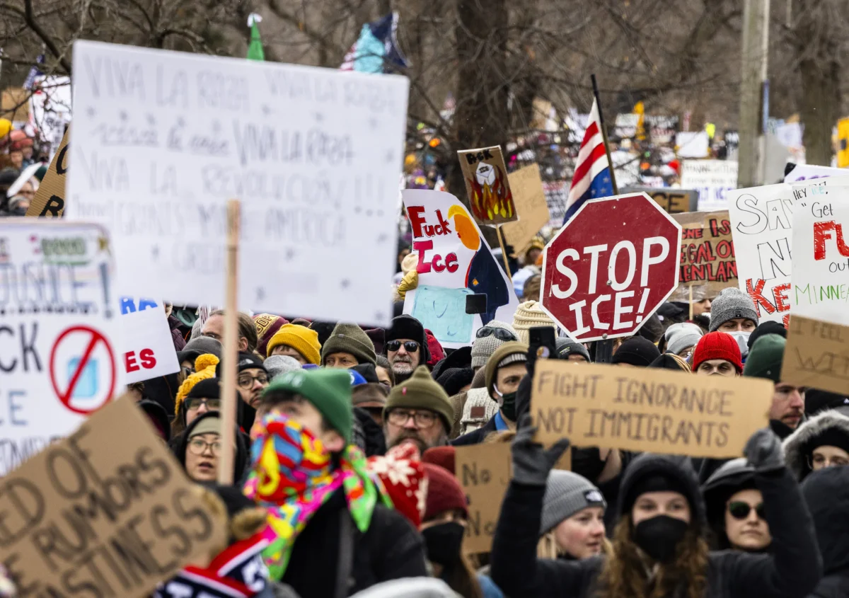 Protestors demonstrate against Immigration and Customs Enforcement (ICE) operations in Minneapolis, on Jan. 10, 2026. (John Fredricks/The Epoch Times)
