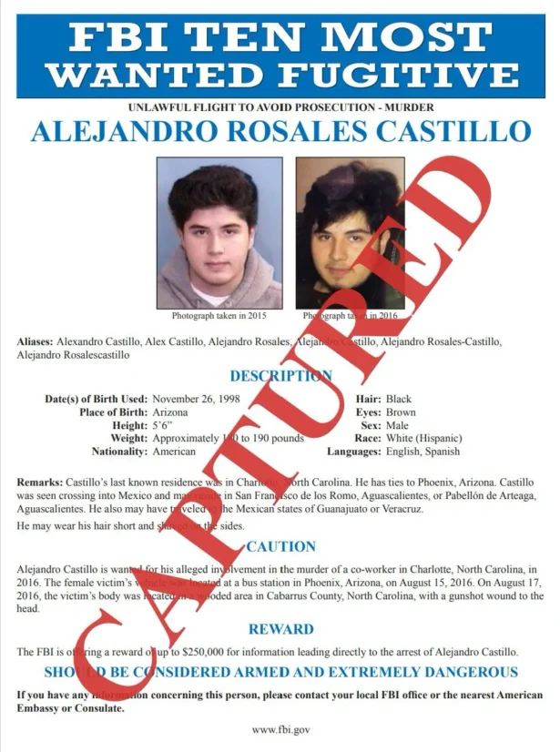 Alejandro Rosales Castillo was a top 10 most wanted fugitive, accused of murdering his coworker in 2016. (FBI)