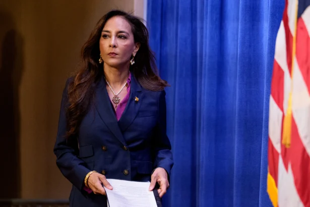 Assistant Attorney General for Civil Rights Harmeet Dhillon arrives for a news conference at the Justice Department in Washington on Sept. 29, 2025. (Andrew Harnik/Getty Images)