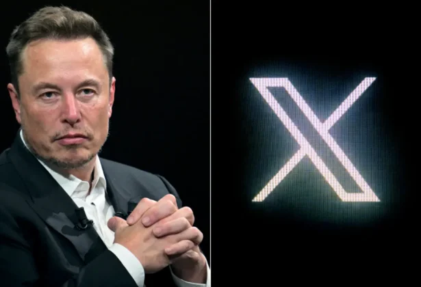 SpaceX, X, and Tesla CEO Elon Musk at the Vivatech technology startups and innovation fair at the Porte de Versailles exhibition center in Paris on June 16, 2023. (Right) The X logo, pictured on a screen in Paris on July 24, 2023. (Alain Jocard/AFP via Getty Images)