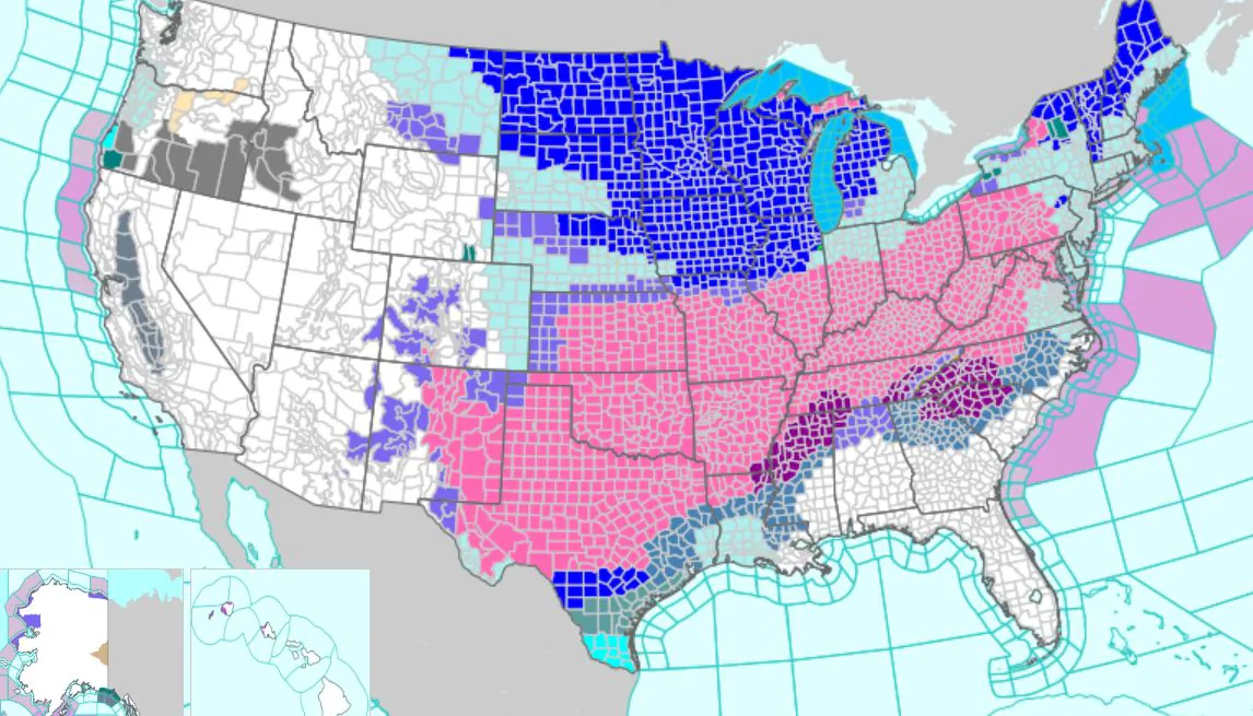 A National Weather Service map released on Jan. 23, 2026, shows weather advisories and warnings stretching from the southern plains to the Northeast due to a pending winter storm. (NWS)