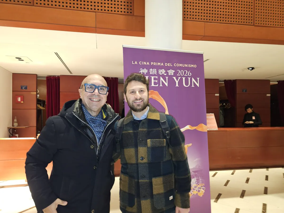 Clarinet player Giuseppe Campana (left) and violinist Antonio Mattia De Bartolo watched Shen Yun New York Performing Arts Company’s fifth performance at Milan’s Teatro degli Arcimboldi, on Jan. 17, 2026. (Massimo Marcon/The Epoch Times)