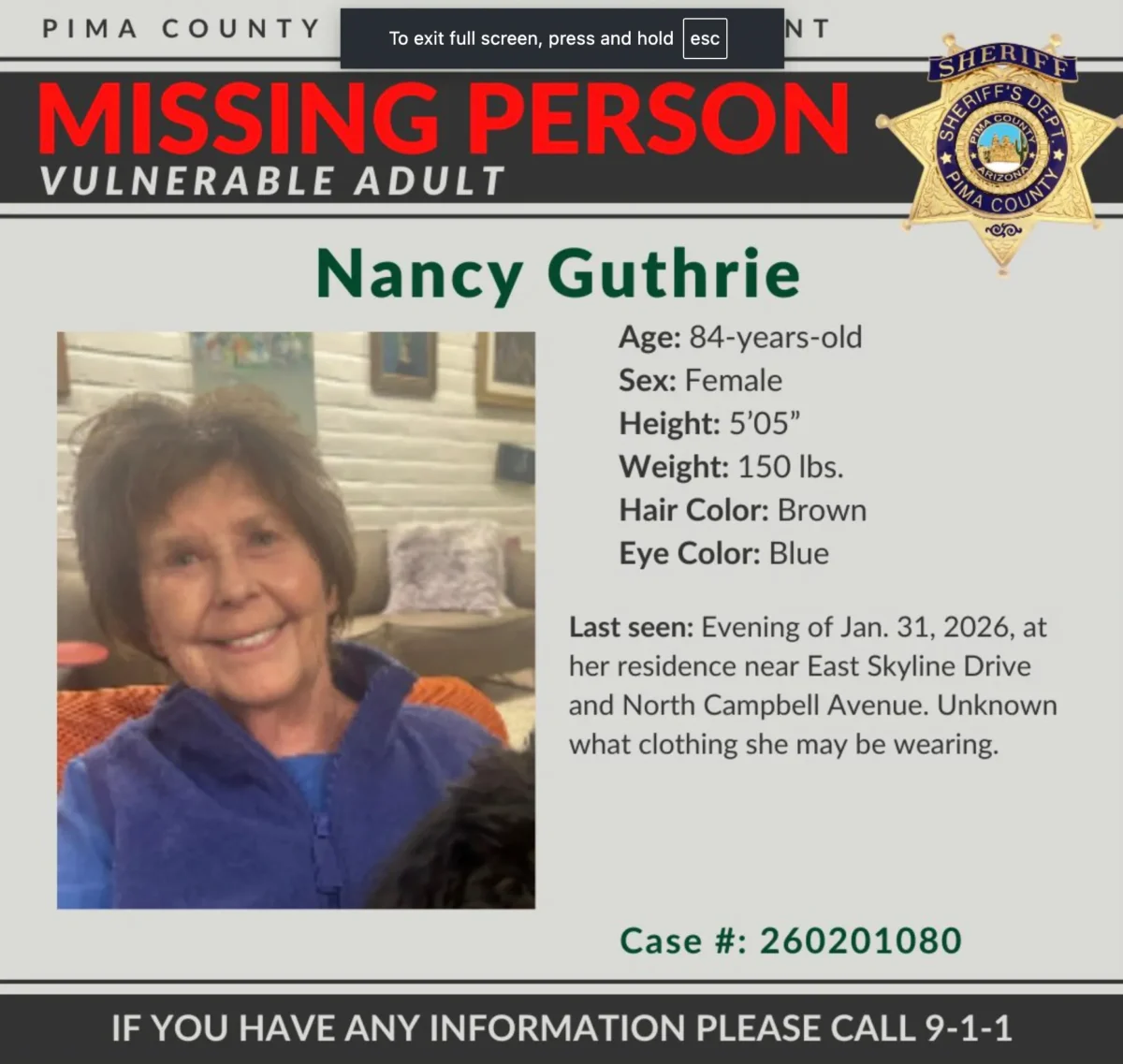 A missing person alert for Nancy Guthrie. (Pima County Sheriff’s Department via AP)