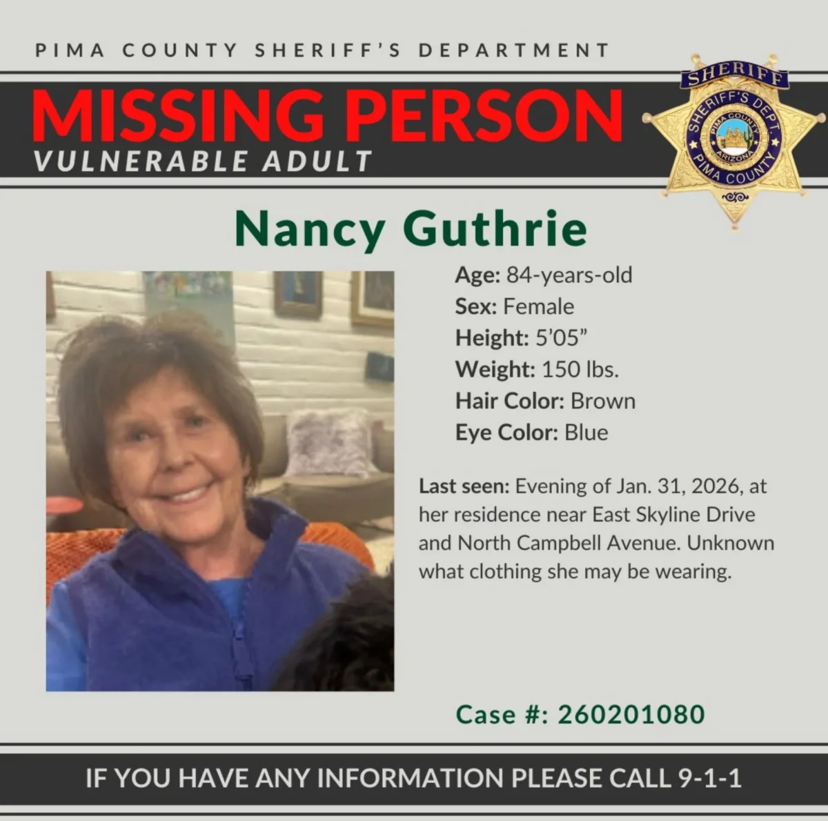 Pima County Sheriff's Department's missing person appeal for Nancy Guthrie in a Feb. 2 post on X. (Courtesy of Pima County Sheriff's Department)
