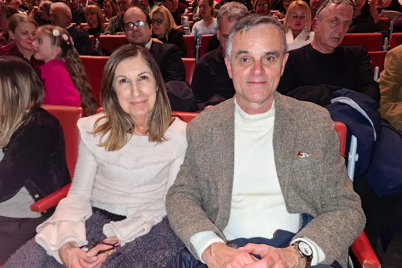 On the evening of Feb. 3, 2026, Luca Bianchini (R) and Sandra Simula attended the second show of Shen Yun New York Company at the Teatro delle Muse in Ancona, Italy. (Francesca Rotondi/The Epoch Times)