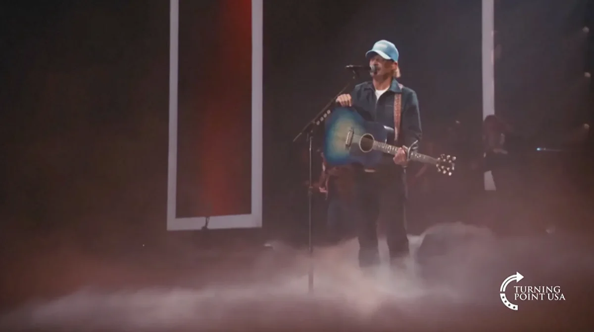 Kid Rock performs during the “All‑American Halftime Show” in a video released on Feb. 8, 2026. (Turning Point USA via Reuters)