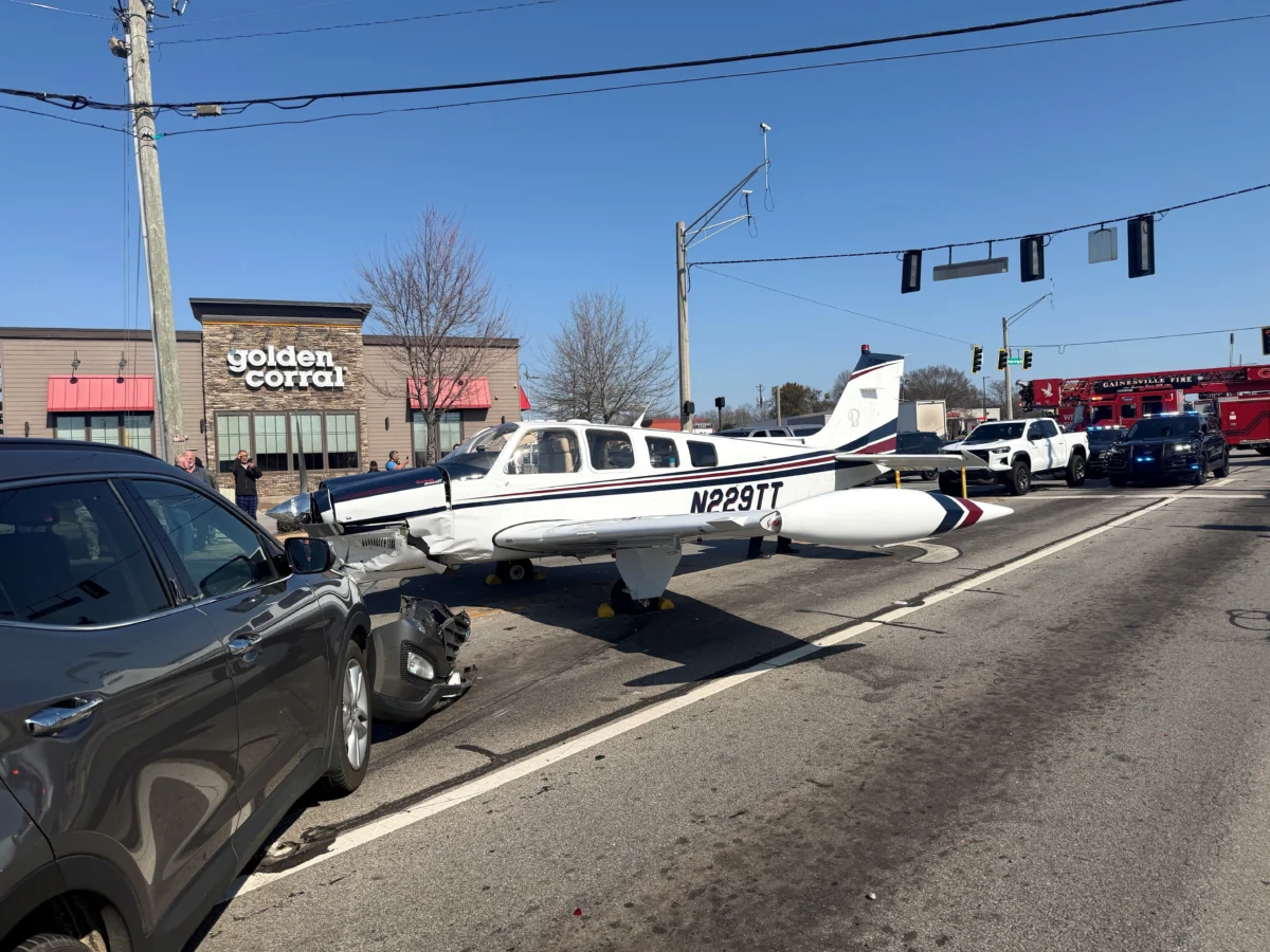 A small plane that made an emergency landing on a street in Gainesville, Ga., on Feb. 9, 2026. (Gainesville, Ga., Police Department via AP)