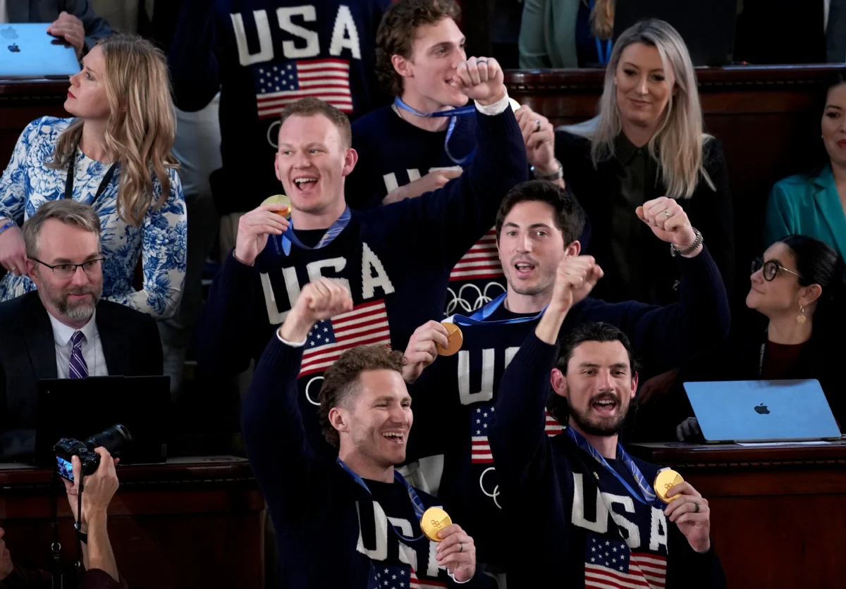 Members of the Team USA Men's Hockey Team wave to the audience as President Donald Trump delivers his State of the Union address during a Joint Session of Congress at the U.S. Capitol in Washington on Feb. 24, 2026. (Andrew Harnik/Getty Images)
