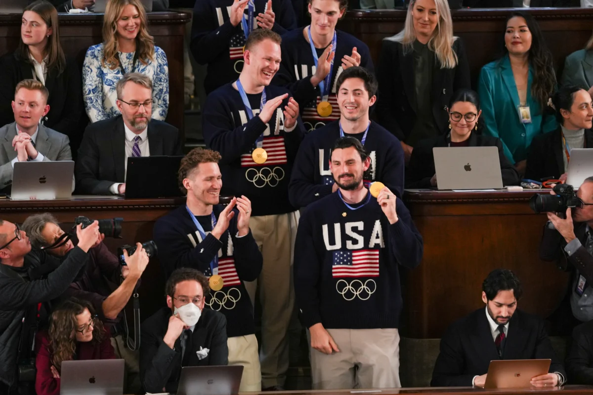 Members of the US Men's Olympic hockey team attend President Donald Trump's first State of the Union address during his second presidential term, in the House Chamber on Capitol Hill in Washington on Feb. 24, 2026. (Madalina Kilroy/The Epoch Times)