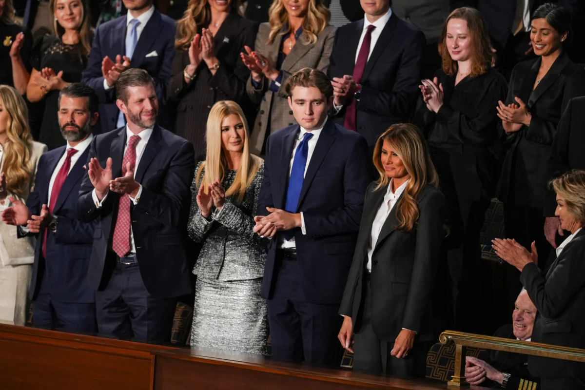 (L-R) Donald Trump Jr, Eric Trump, Ivanka Trump, Barron Trump and First Lady Melania Trump attend President Donald Trump's first State of the Union address during his second presidential term, in the House Chamber on Capitol Hill in Washington on Feb. 24, 2026. (Madalina Kilroy/The Epoch Times)