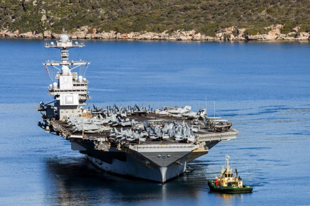The U.S. Navy aircraft carrier USS Gerald R. Ford departs Souda Bay on the island of Crete on Feb. 26, 2026. (Metaxakis/AFP via Getty Images)