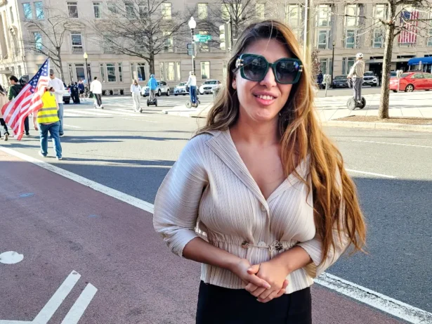 Dina Sheikami, an Iranian from Canada, participates in a march in Washington, D.C., to praise the U.S.-Israeli strikes on Iran on Feb. 28, 2026. (Stacy Robinson/The Epoch Times)