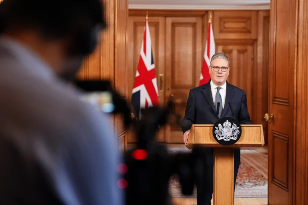 Britain’s Prime Minister Keir Starmer speaks as he makes a statement from Downing Street in central London on Feb. 28, 2026, following the US and Israel’s strikes on Iran. (Jonathan Brady / POOL / AFP via Getty Images)