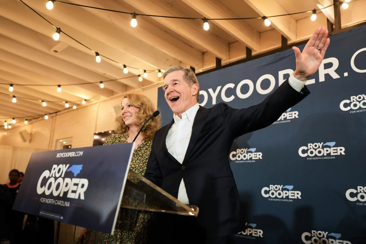 North Carolina Democratic Senate candidate former Gov. Roy Cooper speaks at a primary election night watch party in Raleigh, N.C., on March 3, 2026. (Matt Ramey/AP Photo)