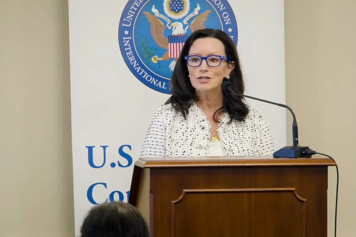 Maureen Ferguson speaks at an event held by the U.S. Commission on International Religious Freedom in Washington on March 4, 2026. (Screenshot via The Epoch Times)
