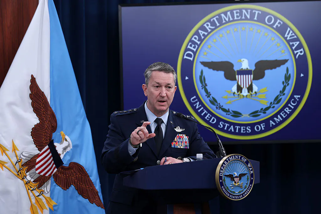 Chairman of the Joint Chiefs of Staff General Dan Caine speaks during a news conference at the Pentagon in Arlington, Virginia, on March 2, 2026. (Alex Wong/Getty Images)