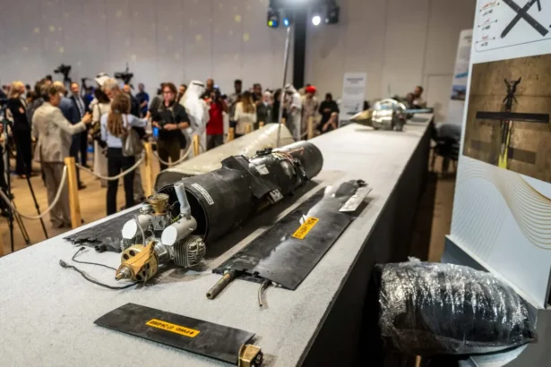 Pieces of missiles and drones recovered after Iran's strikes are displayed during a press briefing by the UAE government held in Abu Dhabi on March 3, 2026. (Ryan Lim/AFP via Getty Images)