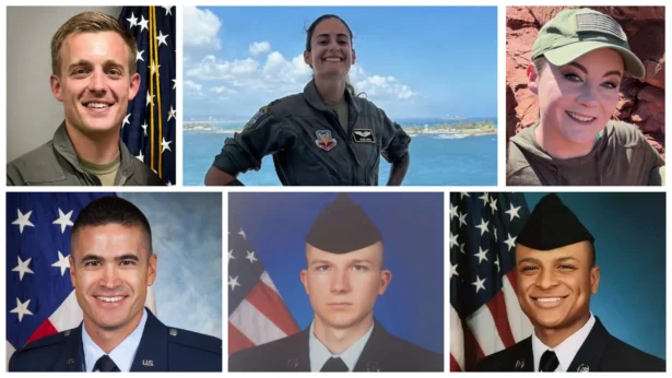 (Top L–R) Maj. John A. Klinner, 33, of Auburn, Ala.; Capt. Ariana G. Savino, 31, of Covington, Wash.; and Tech. Sgt. Ashley B. Pruitt, 34, of Bardstown, Ky. (Bottom L–R) Capt. Seth R. Koval, 38, of Mooresville, Ind.; Capt. Curtis J. Angst, 30, of Wilmington, Ohio; and Tech. Sgt. Tyler H. Simmons. (MacDill Air Force Base, Ohio National Guard)