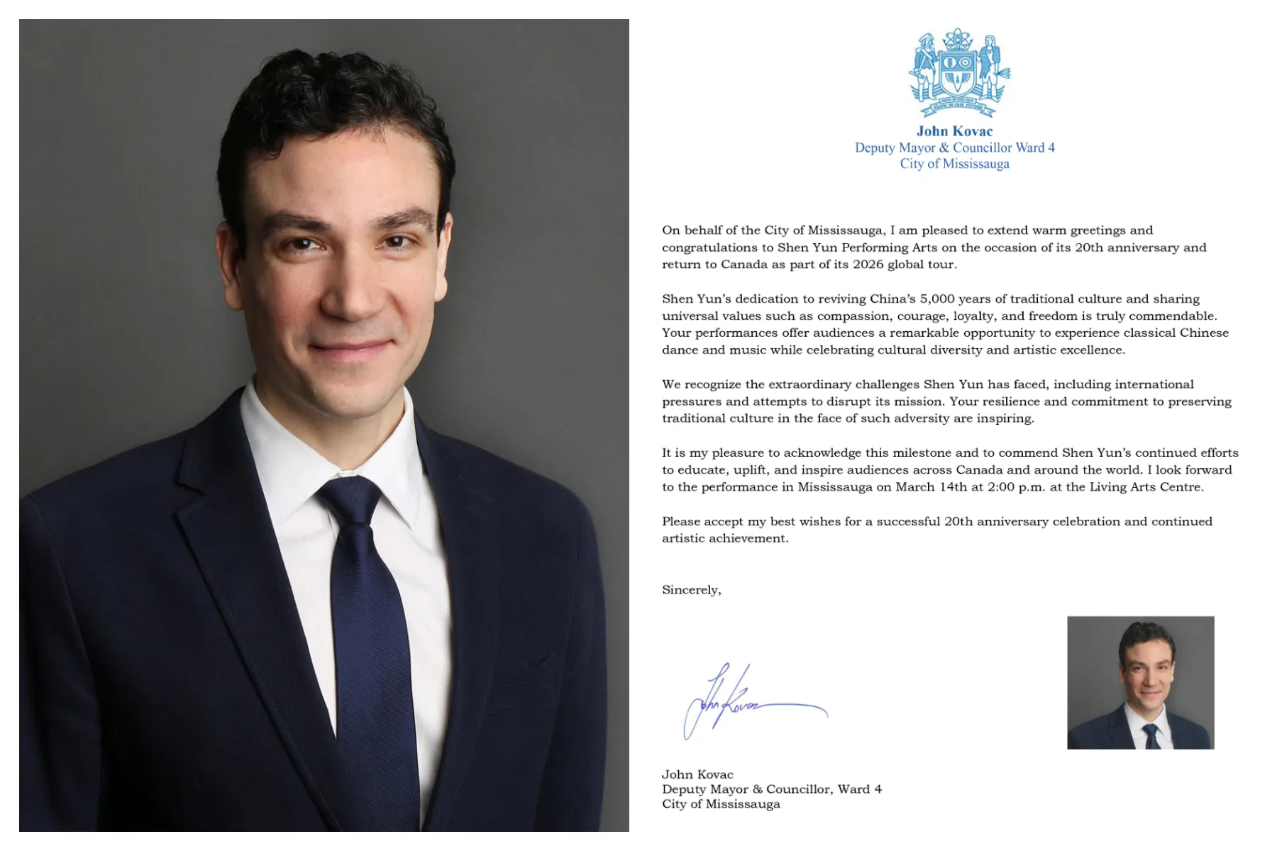 Mississauga Deputy Mayor John Kovac’s letter to Shen Yun Performing Arts ahead of its 2026 performances in Mississauga, Ont.